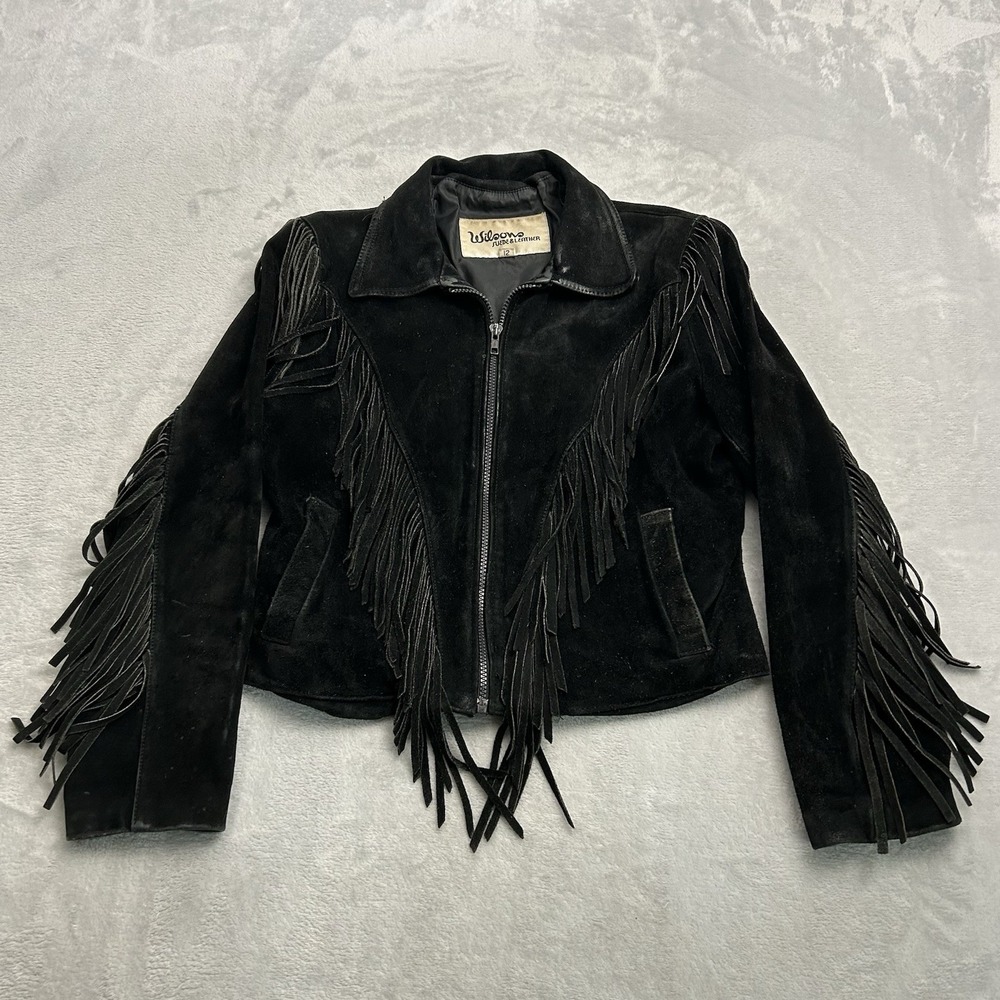 Vtg 80s Wilsons Suede Fringe Jacket Womens 12 Black Biker Metal Rocker Goth Edgy